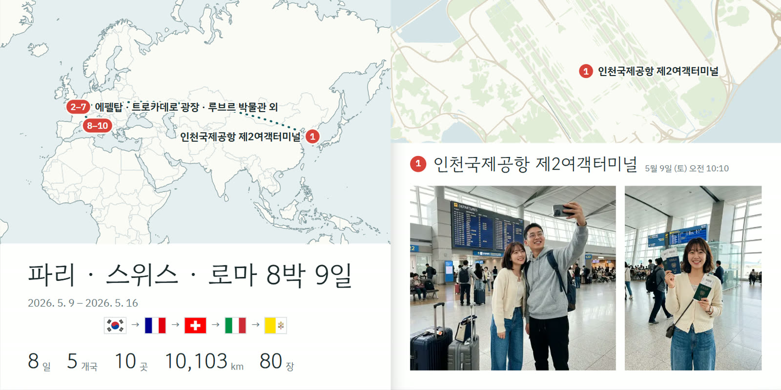 여행 포토북 견본 — 첫 쪽에 들어가는 여행 전체 경로 지도