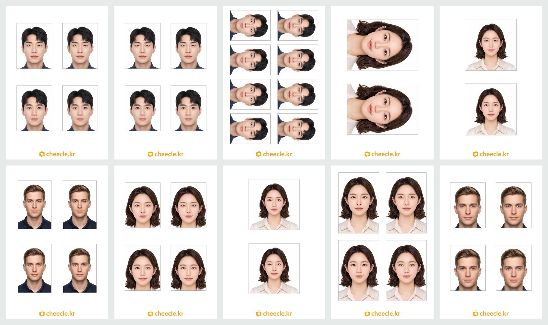 여권·운전면허증, 주민등록증, 반명함, 명함사진, 미국비자, 중국비자, 일본비자, 인도비자, 베트남비자·여권, 유럽쉥겐·국제운전면허증 열 규격의 4X6 인화지 출력 예시. 규격마다 배열과 매수가 다르고 아래에 cheecle.kr 표시가 있다.